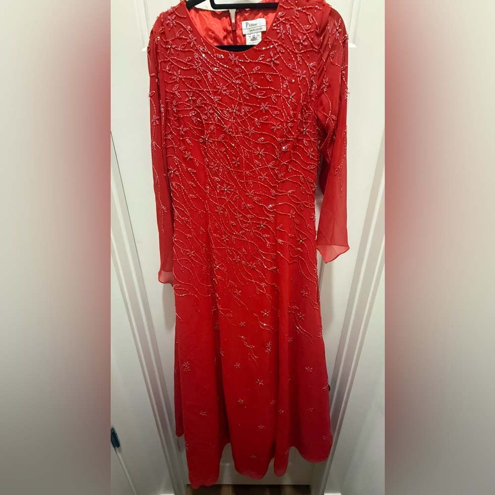 Vintage Passion Haute Couture. Red Beaded Evening Gown. Size 10.